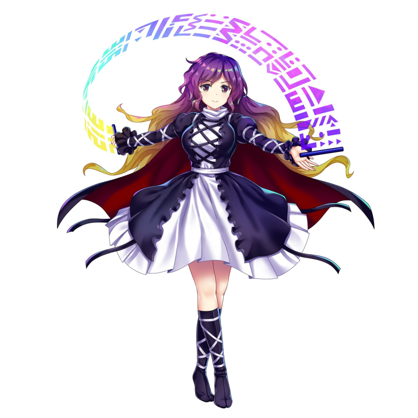 1girl black_cape black_dress black_footwear breasts brown_eyes brown_hair cape closed_mouth contrapposto cross-laced_clothes dress full_body game_cg gradient_eyes gradient_hair highres hijiri_byakuren juliet_sleeves large_breasts long_hair long_sleeves looking_at_viewer multicolored_eyes multicolored_hair puffy_sleeves purple_hair rotte_(1109) simple_background smile solo sorcerer's_sutra_scroll third-party_source touhou touhou_lost_word undefined_fantastic_object violet_eyes white_background white_dress