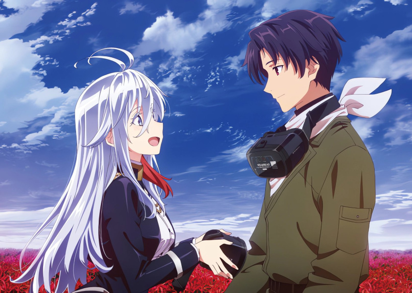 86_-eightysix- ahoge black_jacket blue_eyes blue_hair blue_sky brown_eyes buttons closed_mouth clouds cloudy_sky collar flower green_jacket grey_hair hana_ariasunas head-mounted_display highres jacket long_hair long_sleeves open_mouth red_flower redhead shinei_nouzen shirt short_hair simple_background sky smile vladilena_millize white_shirt