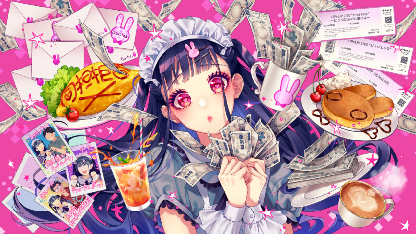 1girl banknote black_hair coffee coffee_cup cup disposable_cup envelope eyeshadow food frills glass hair_ornament hairclip hands_up head_tilt heart heart-shaped_pupils holding holding_money honeyworks long_hair looking_at_viewer maid_headdress makeup money mug nakamura_chizuru omelet omurice pancake photo_(object) pink_background pink_eyes plate puckered_lips puffy_short_sleeves puffy_sleeves rabbit_hair_ornament short_sleeves sleeve_cuffs solo symbol-shaped_pupils ticket two_side_up upper_body yamako_(state_of_children)
