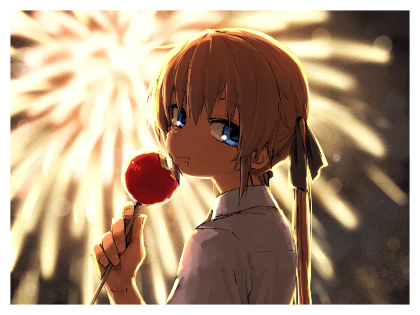 1girl blue_eyes blurry blurry_background blush border candy_apple closed_mouth fireworks food food_on_face hair_between_eyes hair_ribbon highres holding holding_food kill_me_baby long_hair looking_at_viewer ribbon shirt solo sonya_(kill_me_baby) upper_body white_border white_shirt yachima_tana