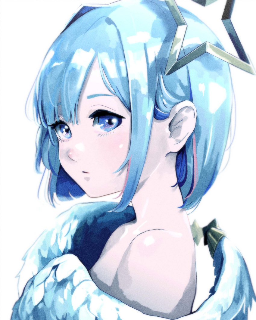 1girl absurdres amane_kanata angel_wings araki_rakka bare_shoulders blue_eyes blue_hair expressionless feathered_wings highres hololive looking_at_viewer portrait shadow short_hair simple_background solo virtual_youtuber white_background white_wings wings