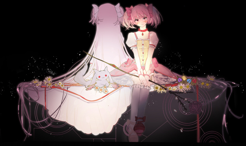 2girls baba2499 black_background bow bubble_skirt buttons choker collarbone daisy dress dress_bow dual_persona facing_away flower frilled_dress frilled_skirt frilled_socks frills full_body gloves goddess_madoka hair_bow hair_spread_out highres holding holding_wand kaname_madoka kyubey letterboxed long_hair looking_at_viewer magical_girl mahou_shoujo_madoka_magica multiple_girls own_hands_together pink_dress pink_eyes pink_hair puffy_short_sleeves puffy_sleeves red_choker red_footwear shoes short_hair short_sleeves short_twintails sitting skirt smile socks soul_gem twintails two_side_up v_arms very_long_hair wand white_gloves white_skirt white_socks