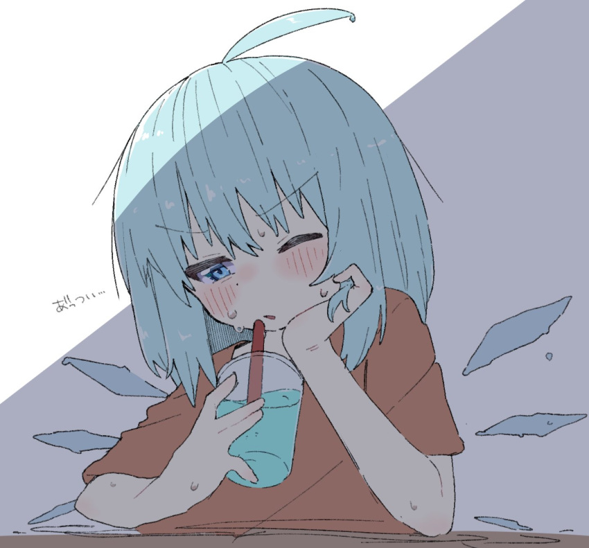 1girl :d blue_eyes blue_hair blush cirno cup drinking flat_chest hair_between_eyes highres holding holding_cup ice ice_wings kae_karee light_blue_hair one_eye_closed orange_shirt shirt short_hair simple_background smile solo sweat touhou upper_body v-shaped_eyebrows white_background wings