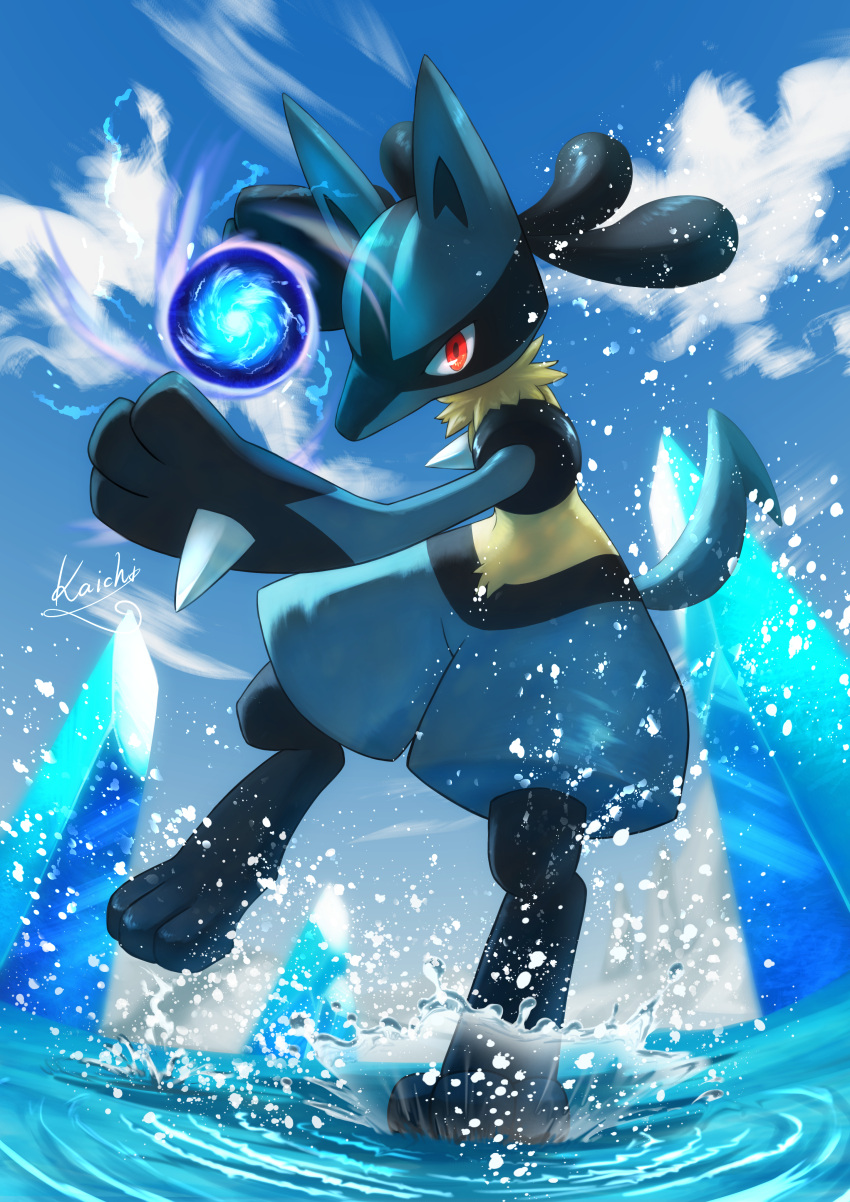 absurdres clouds commentary_request day energy_ball full_body highres kaichi_(tomiyu25) looking_at_viewer lucario outdoors pokemon pokemon_(creature) red_eyes ripples signature sky solo splashing water yellow_fur
