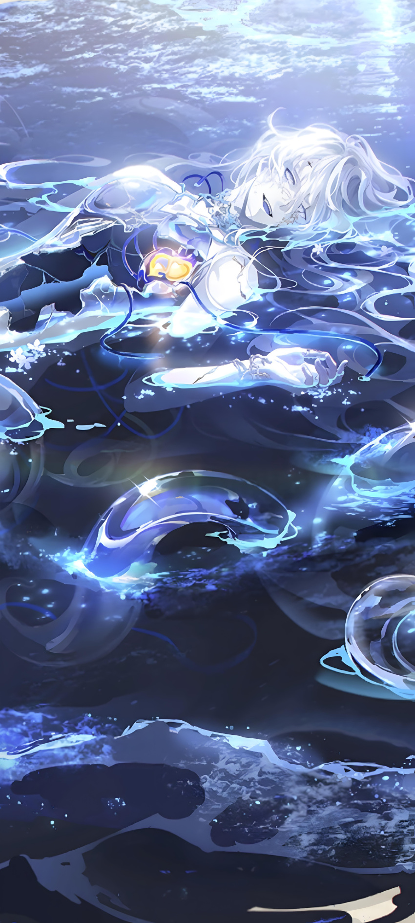1boy absurdres bishounen boli_youyu broken enkidu970 glass glowing_heart grey_eyes grey_hair heart highres long_hair looking_at_viewer lying male_focus outdoors partially_submerged partially_underwater_shot smile solo squid the_tale_of_food water waves wavy_hair white_hair