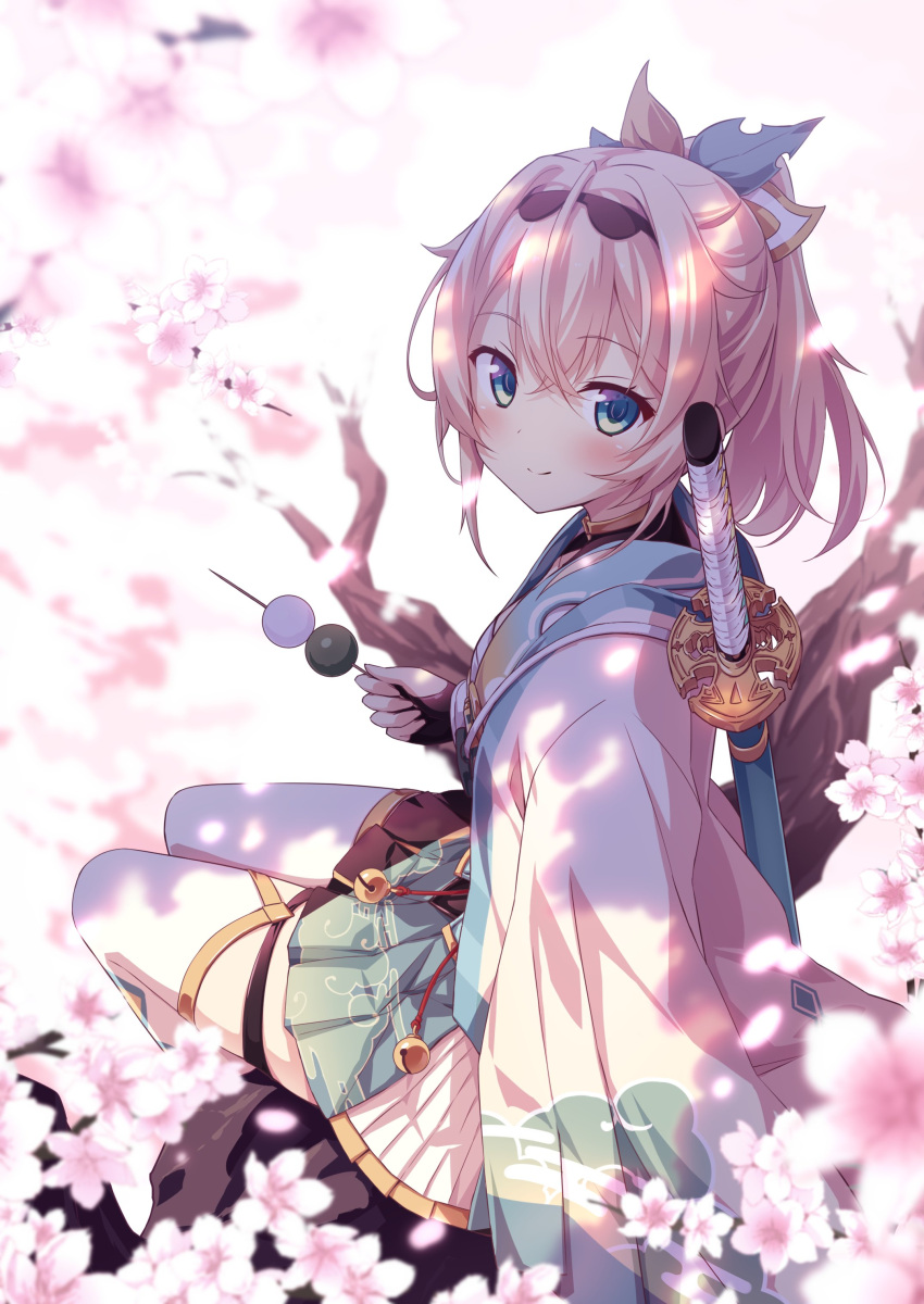 1girl absurdres bell black_gloves blue_eyes blush branch cherry_blossoms closed_mouth cloud_print coat dango falling_petals fingerless_gloves food gloves green_skirt hair_between_eyes hair_ornament hair_ribbon haori highres holding holding_food hololive japanese_clothes jingle_bell katana kazama_iroha kazama_iroha_(1st_costume) long_hair long_sleeves looking_at_viewer petals pleated_skirt ponytail print_coat print_skirt ribbon sitting skewer skirt smile solo sword thigh-highs ugume virtual_youtuber wagashi weapon white_coat white_thighhighs
