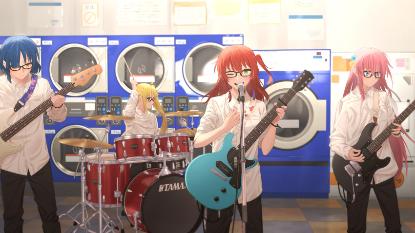 4girls ahoge arm_up bass_guitar bespectacled black_pants blonde_hair blue_eyes blue_hair blush bocchi_the_rock! checkered_floor closed_mouth commentary concentrating cosplay cube_hair_ornament dress_shirt drum drum_set drumsticks electric_guitar feet_out_of_frame glasses gotoh_hitori green_eyes guitar hair_bobbles hair_ornament highres holding holding_drumsticks holding_plectrum ijichi_nijika indoors instrument kita_ikuyo laundromat long_hair long_sleeves looking_at_viewer looking_down looking_to_the_side matching_outfits microphone_stand multiple_girls music one_eye_closed one_side_up open_mouth pants parody pink_hair playing_instrument plectrum polkadot_stingray_(band) red_eyes redhead sakuraki_riichi shirt shoulder_strap side_ponytail sleeves_rolled_up smile standing washing_machine white_shirt yamada_ryo yellow_eyes