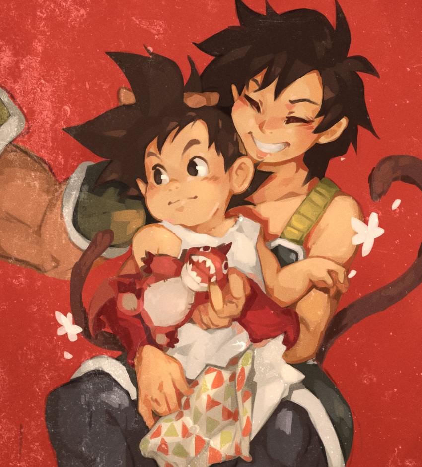 1girl 2boys black_eyes black_hair closed_eyes dragon_ball flower gine highres khyle. monkey_tail mother_and_son multiple_boys parted_lips red_background short_hair smile son_goku stuffed_toy tail tank_top toy white_flower white_tank_top