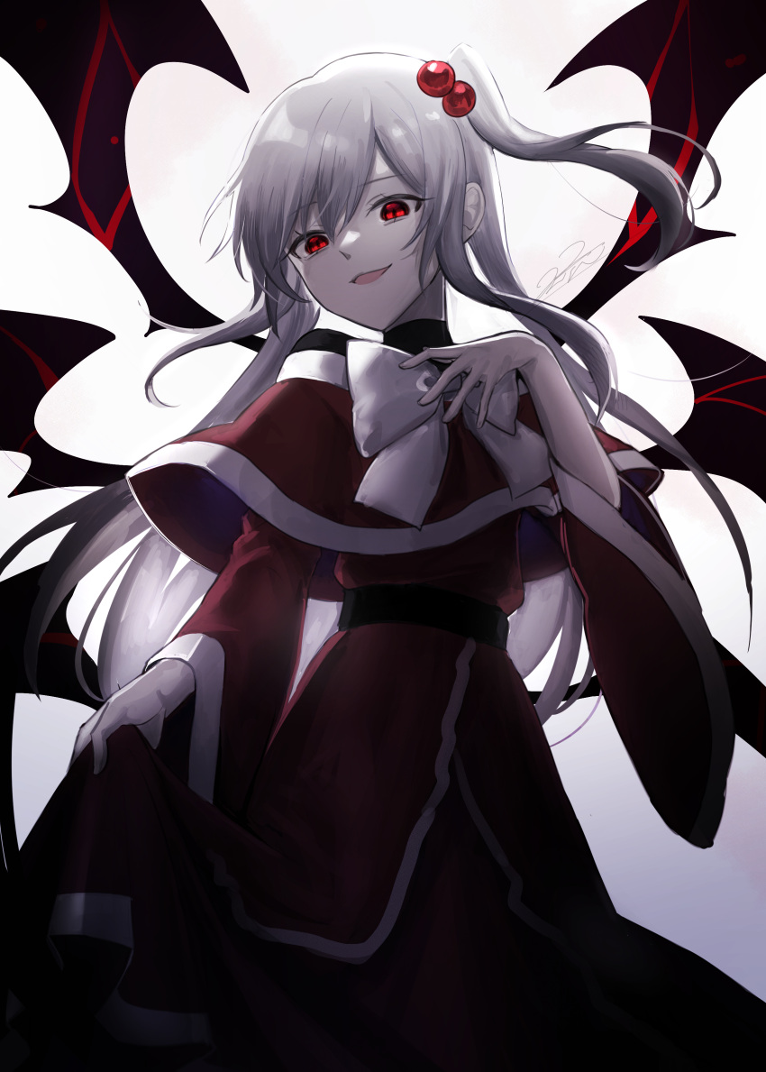 1girl absurdres capelet demon_wings dress from_below hair_bobbles hair_ornament hand_on_own_chest highres holding holding_clothes holding_skirt long_hair multiple_wings one_side_up open_mouth pale_skin red_capelet red_dress red_eyes ribbon rokuya_(68_zusao) shinki_(touhou) side_ponytail skirt slit_pupils smile solo touhou touhou_(pc-98) white_background white_hair wings