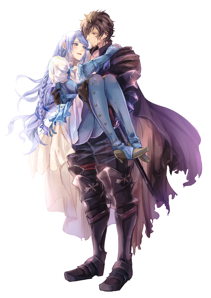 1boy 1girl absurdres armored_boots arms_around_neck black_cape black_footwear black_hair blue_eyes blue_footwear blue_gloves blue_vest boots braid cape carrying carrying_person clive_rosfield closed_mouth couple dress eye_contact face-to-face final_fantasy final_fantasy_xvi gloves grey_hair hair_over_shoulder hetero highres ichoicho740 jill_warrick leather_vest long_braid long_hair looking_at_another open_mouth princess_carry puffy_sleeves scar shirt short_hair side_braid simple_background single_braid skirt smile standing sword tied_drawstring vest weapon white_background white_dress