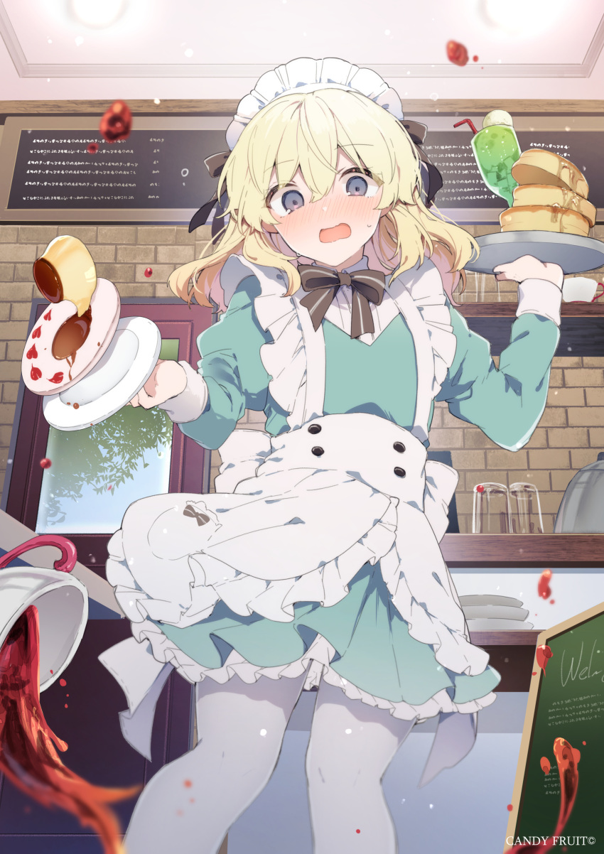 1girl absurdres apron black_ribbon blonde_hair blue_dress blush buttons candyfruit_(brand) door double-breasted dress food glass grey_eyes hair_ribbon highres ikeuchi_tanuma indoors juliet_sleeves long_hair long_sleeves looking_at_viewer maid maid_apron maid_headdress open_mouth pancake pancake_stack pantyhose puffy_sleeves ribbon solo spill waist_apron white_apron white_pantyhose wide-eyed