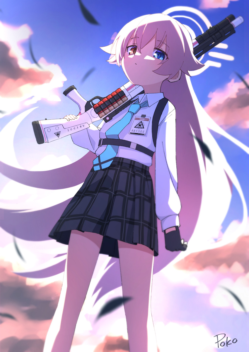 1girl absurdres ahoge backlighting beretta_1301 black_feathers black_gloves black_skirt blue_archive blue_necktie blue_sky clouds cloudy_sky collared_shirt commentary_request falling_feathers feathers fingerless_gloves gloves gun hair_between_eyes halo heterochromia highres holding holding_gun holding_weapon hoshino_(blue_archive) id_card long_hair long_sleeves looking_at_viewer necktie outdoors over_shoulder pink_hair plaid plaid_skirt pleated_skirt poko_(user_rjdg5478) school_uniform shirt shotgun_shell shoulder_strap sidelocks signature skirt sky solo twilight weapon weapon_over_shoulder white_shirt wind