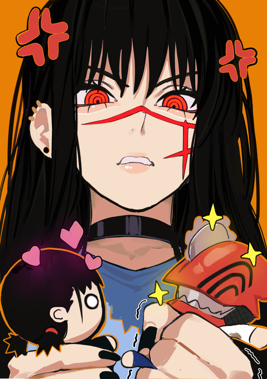 1girl absurdres anger_vein angry black_choker black_hair chainsaw chainsaw_man character_doll choker clenched_hand clenched_teeth cross_scar denji_(chainsaw_man) earrings heart highres jewelry long_hair looking_at_object mitaka_asa orange_background red_eyes ringed_eyes sailen0 scar scar_on_cheek scar_on_face simple_background solo stud_earrings teeth yoru_(chainsaw_man)