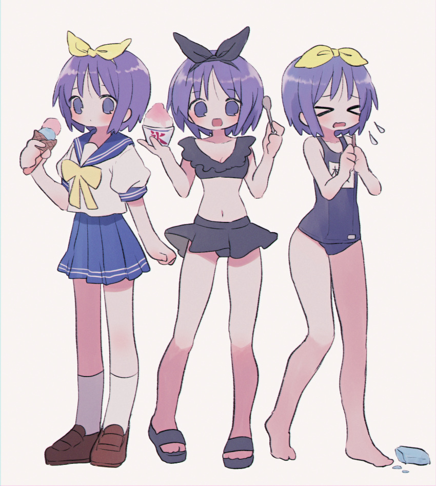 &gt;_&lt; 1girl barefoot bikini bikini_skirt black_bikini black_footwear black_ribbon blue_one-piece_swimsuit blue_sailor_collar blue_skirt blush bow bowtie brown_footwear commentary dot_mouth expressionless flat_chest flying_sweatdrops food frilled_bikini frills full_body hair_ribbon hands_up highres hiiragi_tsukasa holding holding_ice_cream_cone holding_spoon legs looking_at_viewer lucky_star multiple_views name_tag navel one-piece_swimsuit open_mouth pleated_skirt popsicle_stick purple_hair ri_(qrcode) ribbon sailor_collar sandals school_swimsuit school_swimsuit_flap school_uniform serafuku shaved_ice shirt short_hair short_sleeves sidelocks skirt smile socks spoon standing stomach swimsuit symbol-only_commentary thighs violet_eyes wavy_mouth white_background white_shirt white_socks yellow_bow yellow_bowtie yellow_ribbon