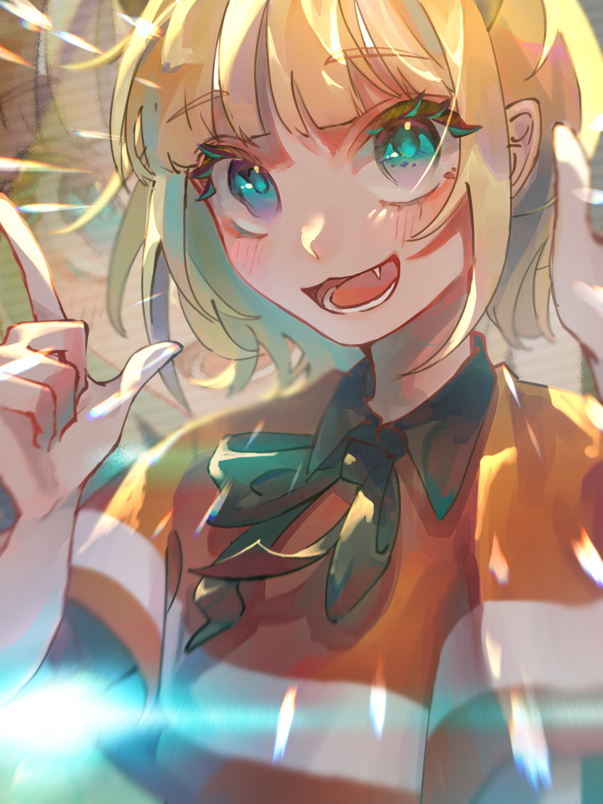 1girl :3 black_bow black_bowtie blonde_hair blue_eyes blunt_bangs blush bow bowtie capelet collared_capelet commentary fang hand_up highres idol idol_clothes index_finger_raised lens_flare memcho open_mouth oshi_no_ko red_capelet shadow short_hair smile solo syu_omomuki teeth upper_body zoom_layer