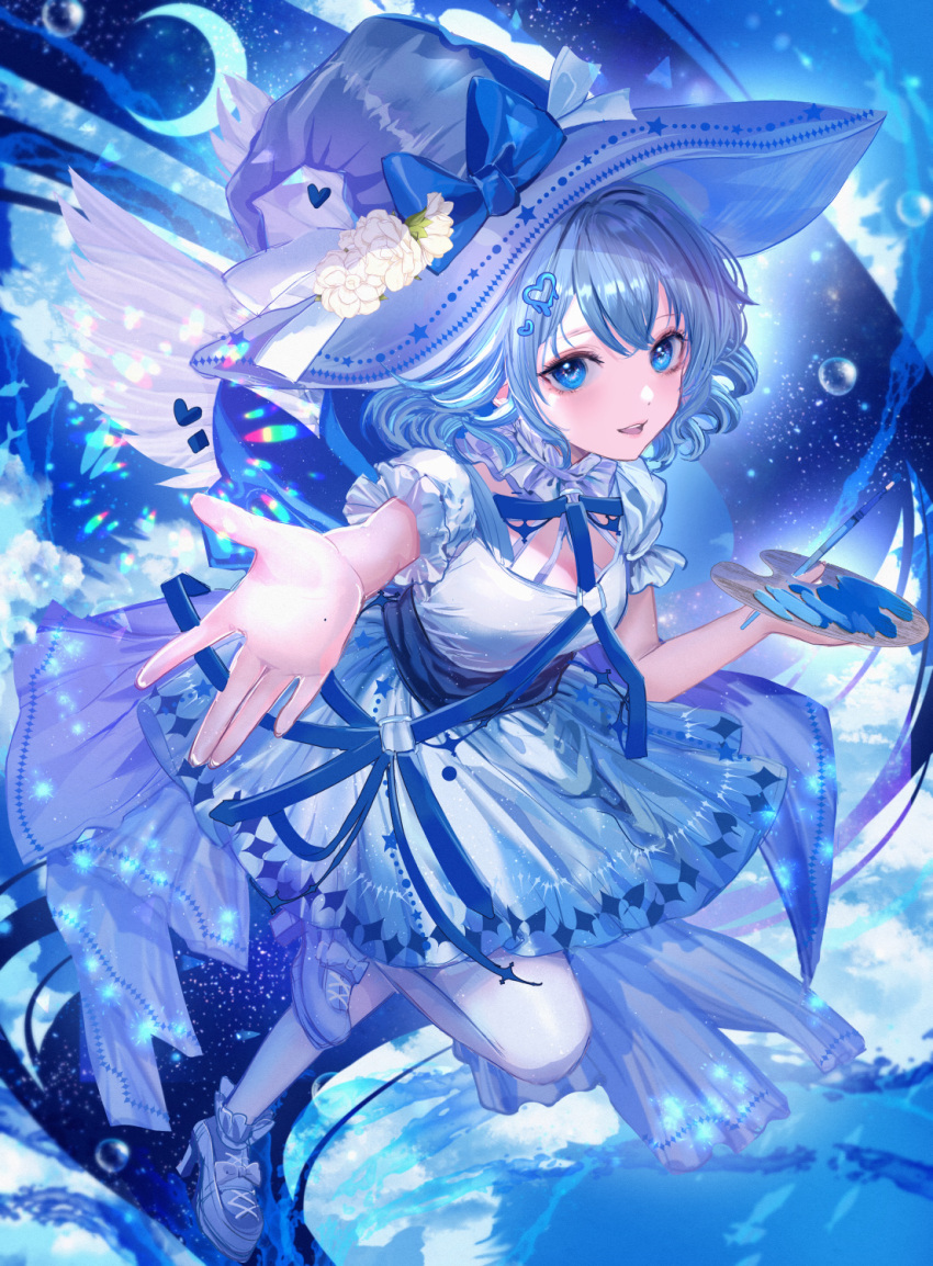 1girl blue_bow blue_eyes blue_theme blush bow breasts crescent_moon dot_nose dress foot_up full_body grey_hair hair_between_eyes hat hat_bow high_heels highres holding holding_palette komorihikki medium_breasts moon open_hand open_mouth original outstretched_arm palette_(object) pantyhose puffy_short_sleeves puffy_sleeves raised_eyebrows short_sleeves sidelocks smile solo star_(sky) white_dress white_pantyhose witch_hat
