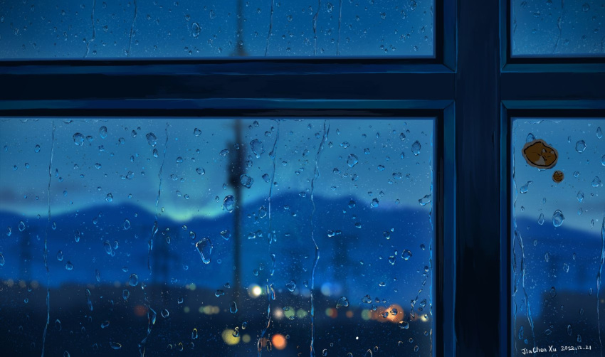 antenna_mast artist_name blurry blurry_background bokeh commentary dated depth_of_field highres indoors jiachen_xu mountain night no_humans original rain scenery sticker transmission_tower water_drop window