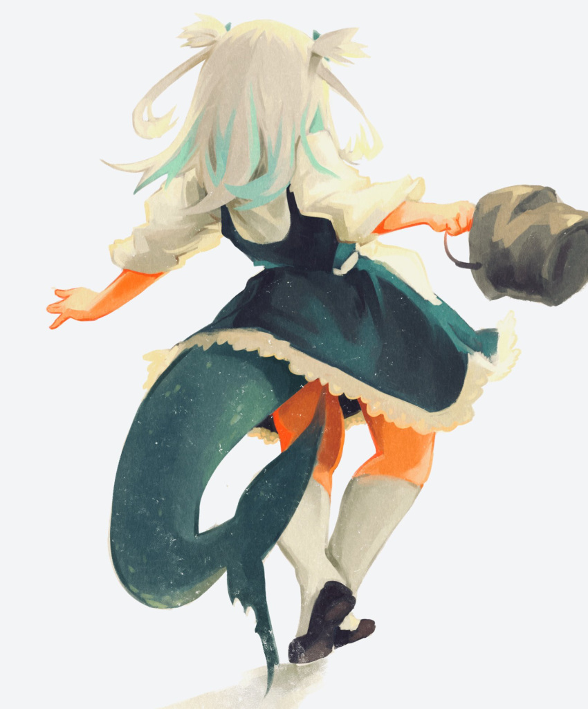 1girl black_footwear blue_dress bucket dress facing_away fins fish_tail from_behind gawr_gura highres hololive hololive_english khyle. long_hair multicolored_hair shark_girl shark_tail shirt shoes simple_background socks solo streaked_hair tail white_background white_hair white_shirt white_socks