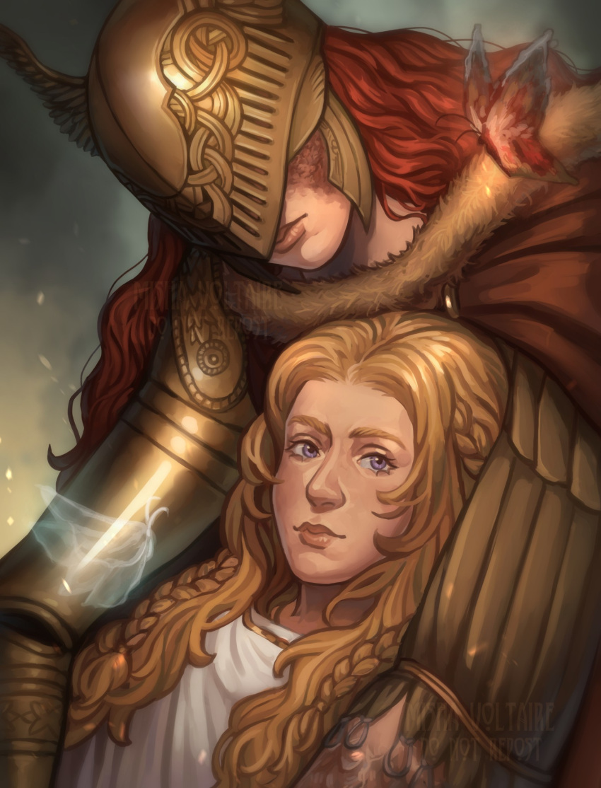 1boy 1girl arm_around_shoulder blonde_hair braid brother_and_sister bug burn_scar butterfly cloak covered_eyes elden_ring fur_collar gold_armor gold_dress helmet helmet_over_eyes highres hug long_hair looking_at_viewer malenia_blade_of_miquella miquella_(elden_ring) mishavoltaire prosthesis prosthetic_arm red_cloak redhead robe scar siblings twin_braids twins violet_eyes visor_(armor) white_robe winged_helmet