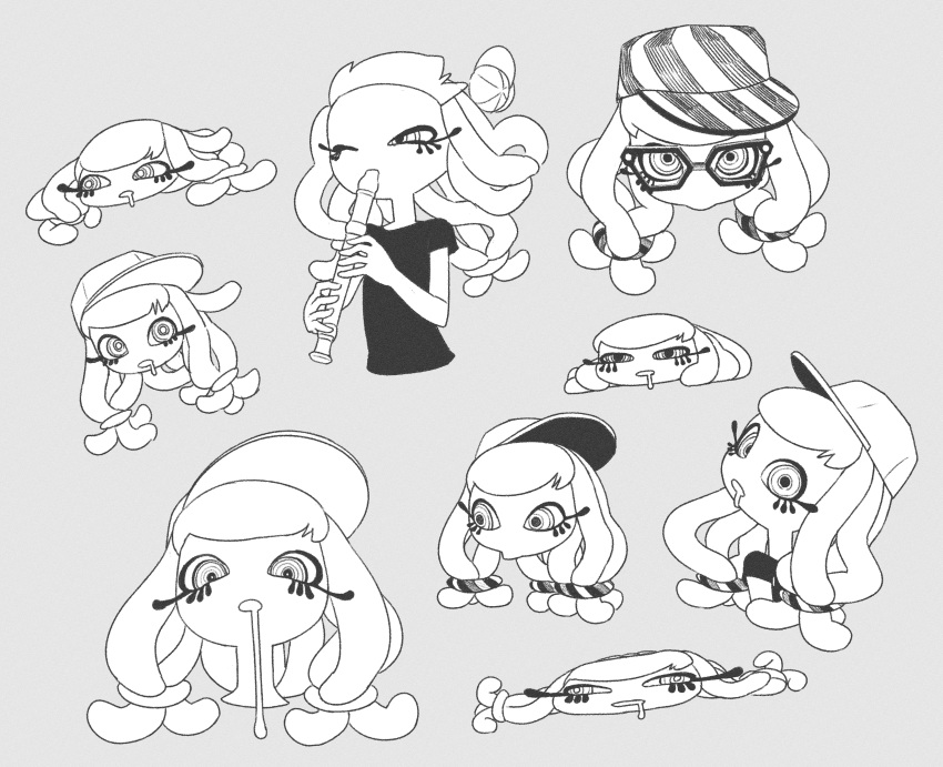 1girl absurdres baseball_cap black_shirt drooling glasses greyscale hat highres instrument kyoufuu_all_back_(vocaloid) long_eyelashes looking_at_viewer looking_back monochrome mouth_drool music o_den one_eye_closed playing_instrument recorder ringed_eyes shirt solo splatoon_(series) splatoon_3 stretching striped striped_headwear turning_head wall-eyed wind