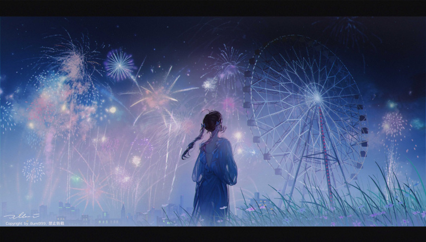 1girl aerial_fireworks artist_name bare_back black_hair braid city commentary dark_skin dress ferris_wheel fireworks flower grass hair_ornament highres illumi999 looking_up night night_sky original signature sky solo standing symbol-only_commentary twin_braids twintails