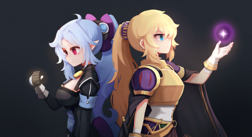 2girls armor back-to-back black_background black_cape blonde_hair blue_eyes blue_hair bow breasts cape character_request closed_mouth dungeon_and_fighter from_side gloves glowing glowing_hand hair_bow highres hwaryeok long_hair long_sleeves maplestory medium_breasts multiple_girls niu_(dungeon_and_fighter) ponytail purple_bow red_eyes short_sleeves shoulder_armor sidelocks sword weapon white_gloves yellow_armor