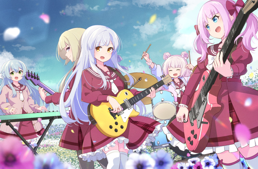 5girls :d ^_^ aqua_hair arm_up assault_lily back-to-back band bass_guitar belt blonde_hair blue_eyes blue_flower blue_jacket blue_sky blunt_bangs blurry blurry_foreground bow bowtie breasts brown_cardigan brown_pantyhose brown_sailor_collar buttons cardigan closed_eyes closed_mouth clouds commentary_request commission crossed_bangs cymbals day double_bun drum drum_set drumsticks electric_guitar falling_petals flower frilled_skirt frilled_sleeves frills green_eyes grey_hair guitar hair_bow hair_bun hair_ribbon half_updo hand_up hands_up high-waist_skirt holding holding_drumsticks holding_instrument hood hood_down hooded_jacket instrument jacket jewelry juliet_sleeves kanba_girls_high_school_uniform keyboard_(instrument) kon_kanaho long_hair long_sleeves looking_at_another looking_at_viewer looking_to_the_side medium_breasts miniskirt miyagawa_takane morugen multicolored_clothes multicolored_jacket multiple_girls music necktie open_clothes open_jacket open_mouth outdoors outstretched_arm pantyhose partially_unbuttoned petals pink_bow pink_flower pink_hair pink_jacket pink_scrunchie playing_instrument profile puffy_sleeves purple_ribbon red_belt red_bow red_shirt red_skirt ribbon ring sadamori_himeka sailor_collar school_uniform scrunchie serafuku shirt short_necktie sidelocks sideways_glance skeb_commission skirt sky smile standing tanba_akari thigh-highs toki_kureha violet_eyes white_bow white_bowtie white_flower white_necktie white_thighhighs wrist_scrunchie yellow_eyes yellow_flower zettai_ryouiki