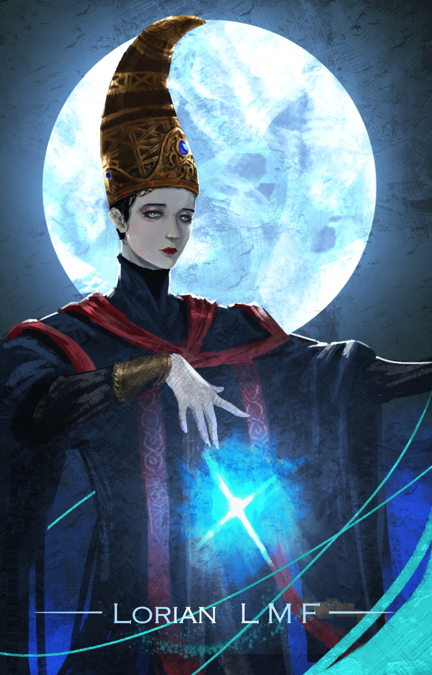 absurdres black_hair blue_background blue_eyes blue_robe casting_spell elden_ring full_moon gold_bracelet hands_up highres large_hat long_sleeves looking_at_viewer lorianlmf magic moon ornate_clothes pale_skin photokinesis red_lips rennala_queen_of_the_full_moon robe short_hair yellow_headwear