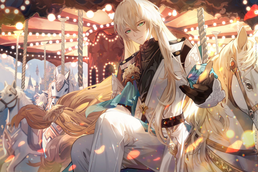 1boy armband beckoning black_gloves black_shirt blonde_hair brooch carousel castle closed_mouth clouds coat double-parted_bangs english_commentary falling_petals feet_out_of_frame gloves green_eyes hair_between_eyes highres honkai:_star_rail honkai_(series) horseback_riding jewelry lens_flare light_smile long_hair long_sleeves looking_at_viewer low-tied_long_hair luocha_(honkai:_star_rail) male_focus mixed-language_commentary outstretched_hand pants petals riding shirt sidesaddle sitting solo transparent_(artist) white_coat white_pants yaopei