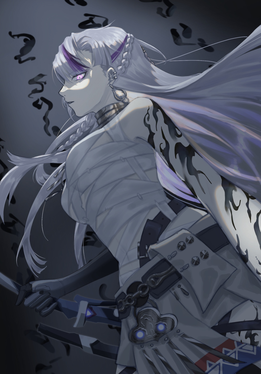 1girl alpha_(punishing:_gray_raven) arm_tattoo bandaged_chest braid ear_piercing earrings flame_tattoo glowing glowing_eye grey_hair highres holding holding_sword holding_weapon jewelry long_hair lucia:_crimson_weave_(punishing:_gray_raven) mechanical_arms multicolored_hair parted_lips piercing punishing:_gray_raven purple_hair shanghanhanshang sheath sheathed single_mechanical_arm streaked_hair sword tattoo weapon