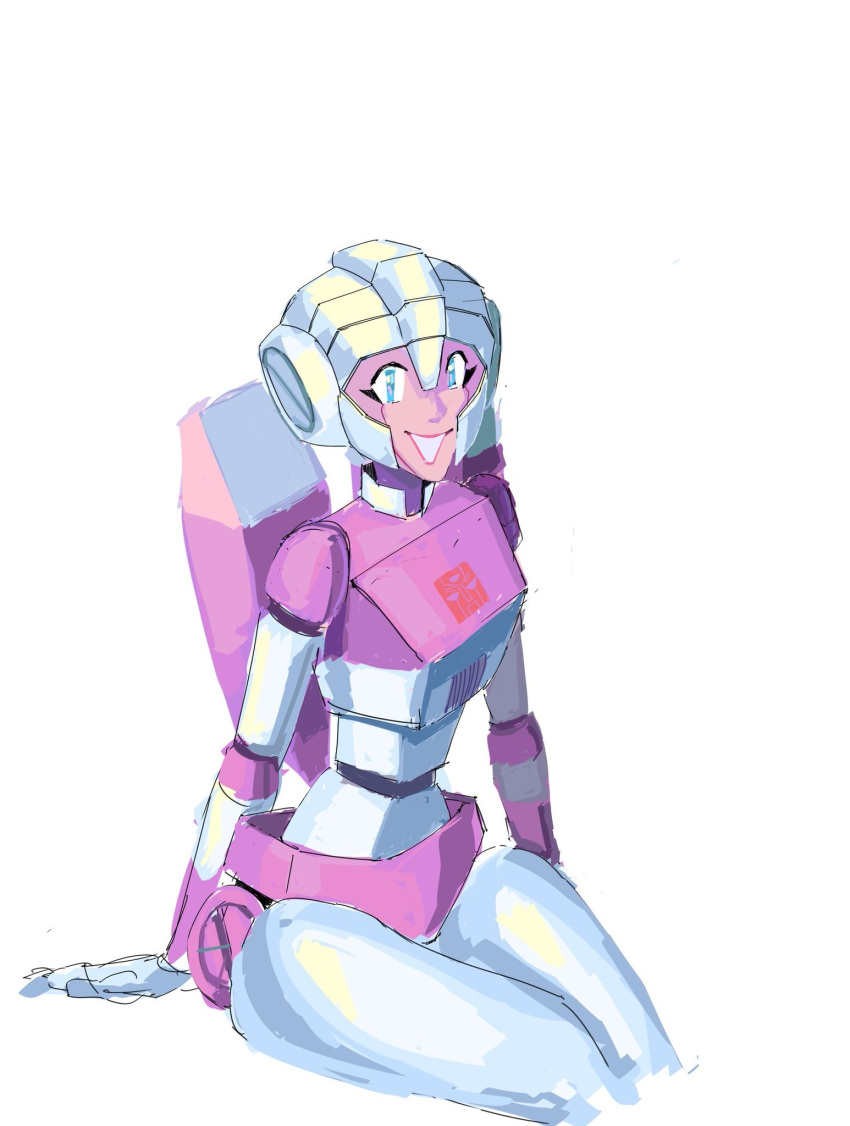 1girl arcee autobot backpack bag blue_eyes breasts helmet highres humanoid_robot itstom06331391 looking_at_viewer mecha narrow_waist panties pink_panties robot science_fiction simple_background sitting small_breasts smile solo thighs transformers underwear white_background