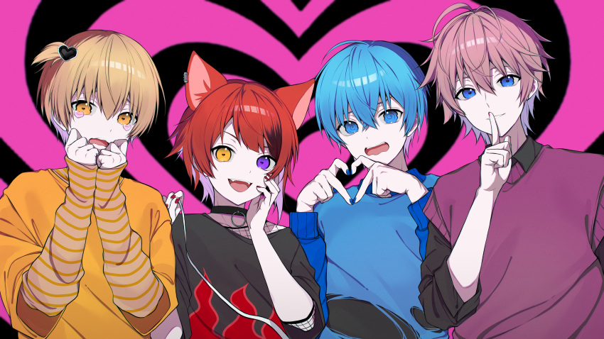 4boys :d @_@ absurdres black_choker black_shirt blue_eyes blue_hair blue_nails blue_sweater brown_hair buta_tamako choker collared_shirt colon_(stpri) covering_mouth fangs finger_to_mouth grin hand_up hands_up heart heart-shaped_pupils heart_hands heterochromia highres lineup long_sleeves looking_at_viewer male_focus multiple_boys nail_polish open_mouth orange_eyes orange_shirt pink_hair purple_sweater_vest red_nails redhead rinu_(stpri) root_(stpri) satomi_(stpri) shirt side-by-side smile straight-on strawberry_prince sweater sweater_vest symbol-shaped_pupils teeth upper_body upper_teeth_only v-neck violet_eyes wavy_mouth