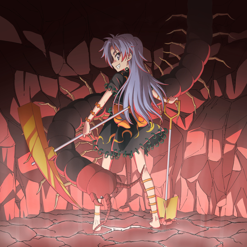 1girl absurdres back_bow barefoot black_shirt black_skirt bow bug cave centipede from_behind grey_eyes grey_hair grin highres himemushi_momoyo holding holding_pickaxe holding_shovel jewelry long_hair looking_at_viewer looking_back maita messy_hair orange_bow pickaxe ring shirt shovel skirt smile solo touhou
