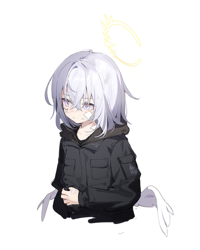 1girl arin_(fanfan013) azusa_(blue_archive) bandaid bandaid_on_cheek bandaid_on_face bandaid_on_neck black_jacket blue_archive closed_mouth cropped_torso grey_hair hair_between_eyes halo highres hood hood_down hooded_jacket jacket long_sleeves low_wings simple_background solo upper_body violet_eyes white_background white_wings wings