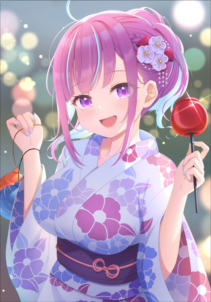 1girl ahoge alternate_costume blue_hair blue_nails blush breasts candy_apple colored_inner_hair commentary floral_print food hair_ornament hands_up highres holding hololive japanese_clothes keikei_(kitty_colors) kimono large_breasts looking_at_viewer minato_aqua multicolored_hair obi open_mouth print_kimono purple_hair sash short_hair smile solo streaked_hair two-tone_hair upper_body violet_eyes virtual_youtuber white_kimono wide_sleeves yukata