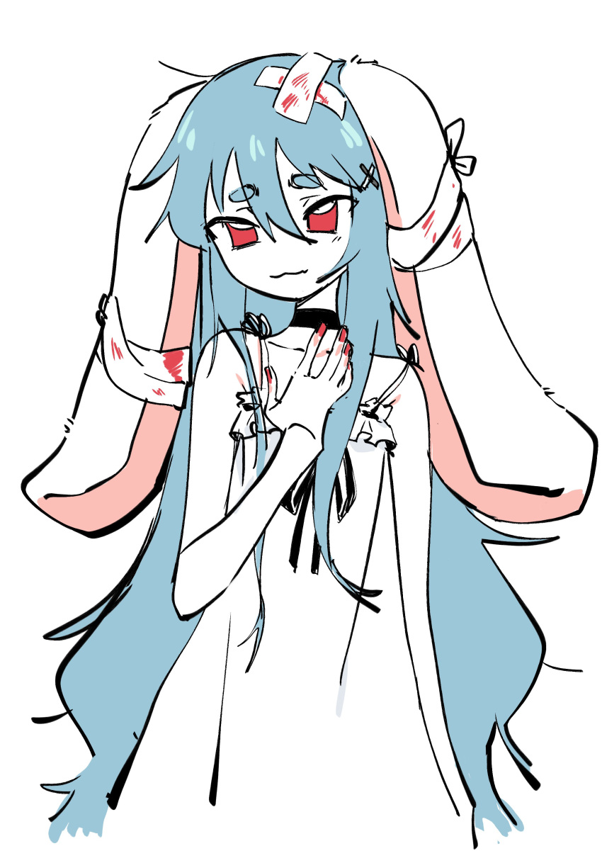 1girl :3 absurdres animal_ears bandages bare_shoulders black_choker black_ribbon blood blood_stain blue_hair choker dress eds frilled_dress frills hair_between_eyes hand_on_own_chest highres hikimayu indie_virtual_youtuber light_blue_hair long_hair looking_at_viewer lop_rabbit_ears para_(vtuber) rabbit_ears red_eyes red_nails ribbon spaghetti_strap very_long_hair white_background white_dress