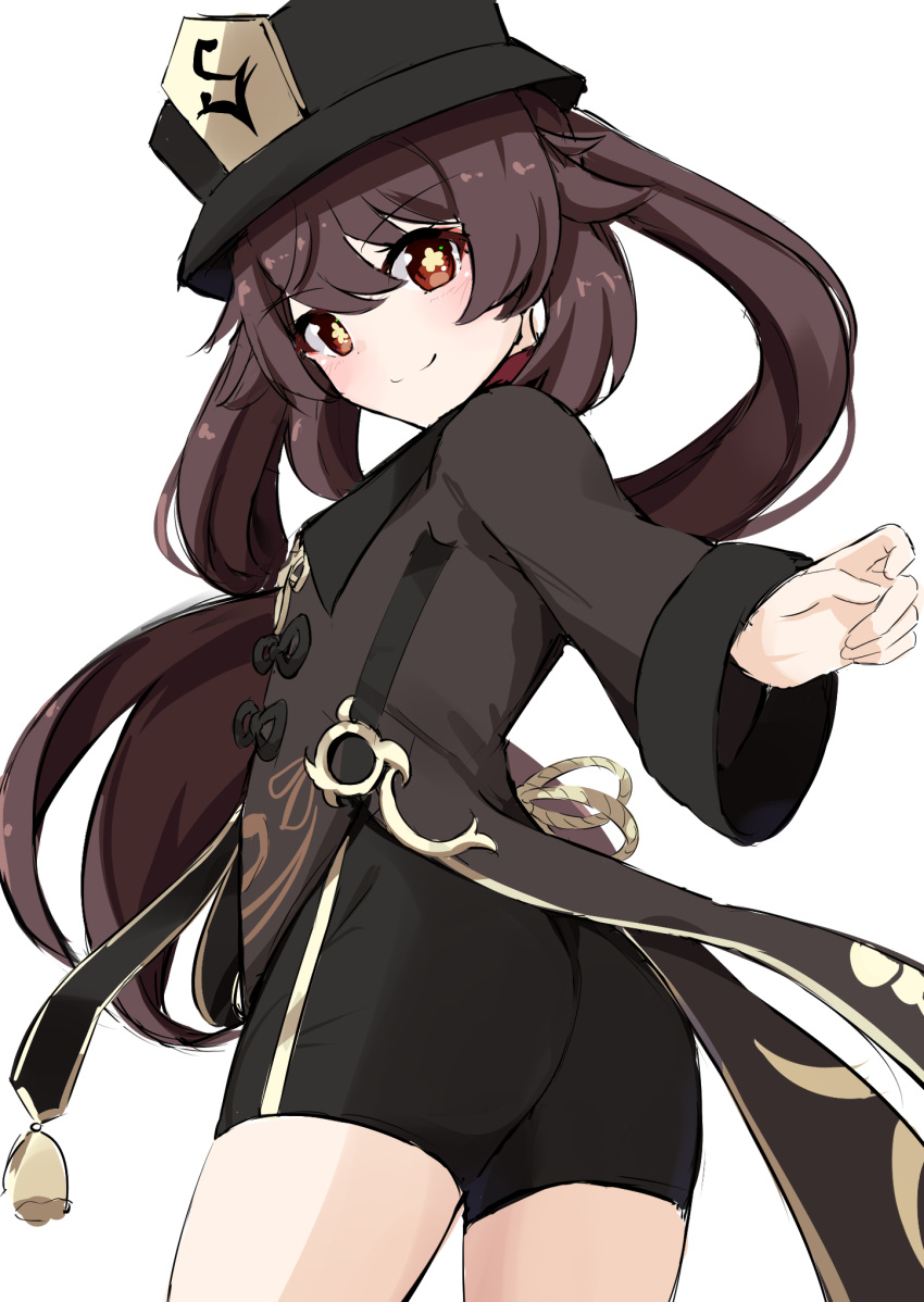 1girl black_headwear black_jacket black_shorts brown_hair closed_mouth cowboy_shot day_mello floating_hair genshin_impact hat highres hu_tao_(genshin_impact) jacket long_hair long_sleeves looking_at_viewer short_shorts shorts simple_background smile solo standing symbol-shaped_pupils twintails twisted_torso very_long_hair white_background