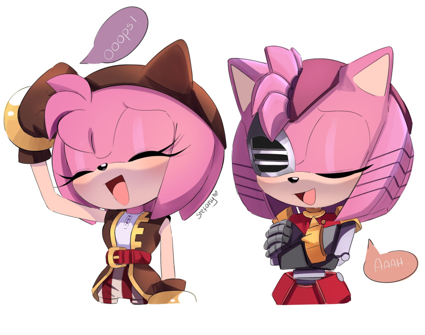 2girls amy_rose artist_name character_request dojikko_pose dual_persona english_commentary english_text highres multiple_girls rusty_rose simple_background sonic_(series) sonic_prime speech_bubble standing steffybs white_background