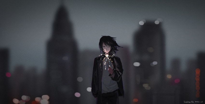 1girl androgynous artist_name black_hair black_jacket blurry blurry_background bokeh cityscape closed_mouth commentary cowboy_shot dated depth_of_field film_grain fireworks highres holding_fireworks jacket jiachen_xu long_sleeves medium_hair open_clothes open_jacket original scenery shirt solo sparkler standing white_shirt wide_shot