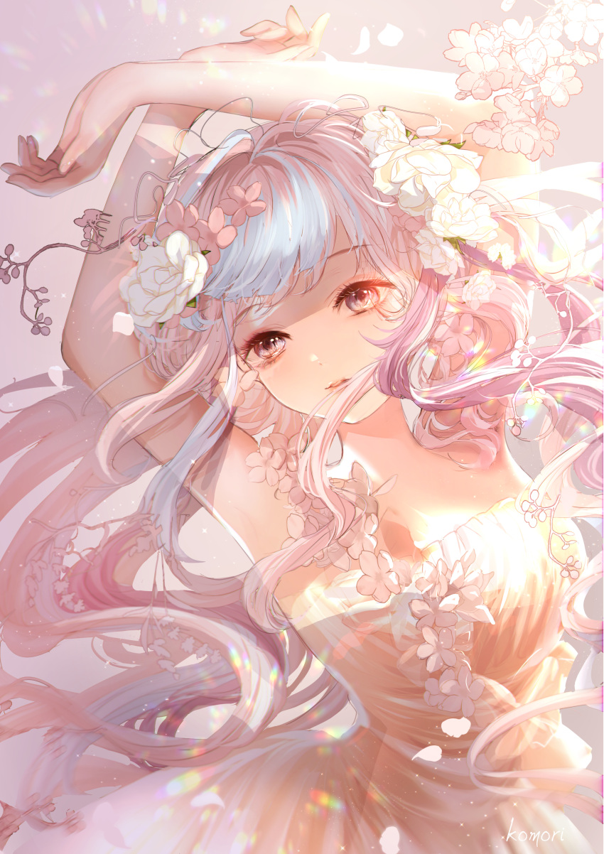 1girl absurdres armpits arms_up artist_name bare_shoulders dress flower hair_flower hair_ornament highres komorihikki long_hair looking_to_the_side original petals princess red_eyes solo sunlight white_dress white_hair