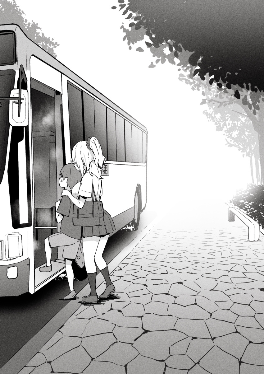 1boy 1girl absurdres bag blush bus commentary_request greyscale hands_on_another's_shoulders highres male_child monochrome motor_vehicle original outdoors road school_bag school_uniform sidewalk sky-freedom tree