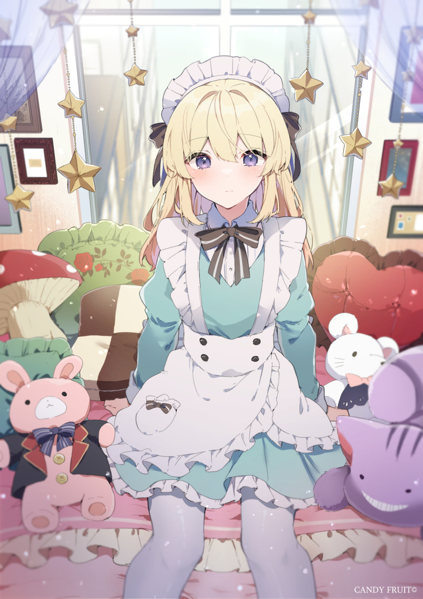1girl absurdres apron black_bow black_ribbon blonde_hair blue_dress blush bow candyfruit_(brand) closed_mouth collared_shirt commentary_request curtains dress feet_out_of_frame frilled_apron frilled_pillow frills hair_between_eyes hair_bow hair_ribbon heart heart_pillow highres ikeuchi_tanuma indoors juliet_sleeves long_hair long_sleeves looking_at_viewer maid maid_headdress official_art pantyhose pillow puffy_sleeves ribbon shirt sitting solo star_(symbol) striped striped_bow stuffed_animal stuffed_cat stuffed_mouse stuffed_rabbit stuffed_toy transparent violet_eyes waist_apron white_apron white_pantyhose white_shirt window