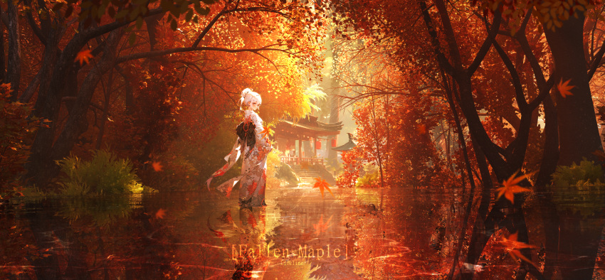 1girl absurdres architecture arms_at_sides autumn autumn_leaves blush bush day east_asian_architecture english_text falling_leaves floral_print forest hair_between_eyes hair_bun highres japanese_clothes kimono landscape leaf lifeline_(a384079959) long_sleeves maple_leaf maple_tree nature obi original outdoors plant pond print_kimono reflection reflective_water sash scenery short_hair shrine sidelocks solo stairs tree walking white_hair white_kimono wide_shot wide_sleeves