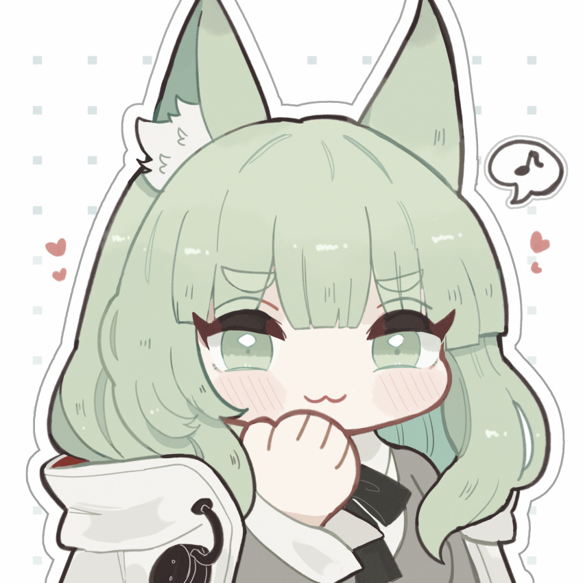 1girl :3 absurdres animal_ear_fluff animal_ears arknights chibi closed_mouth commentary_request eighth_note green_eyes green_hair grey_jacket hand_up harmonie_(arknights) heart highres jacket jacket_on_shoulders long_sleeves looking_at_viewer musical_note outline shirt short_eyebrows simple_background solo someyaya spoken_musical_note thick_eyebrows upper_body white_background white_jacket white_outline white_shirt