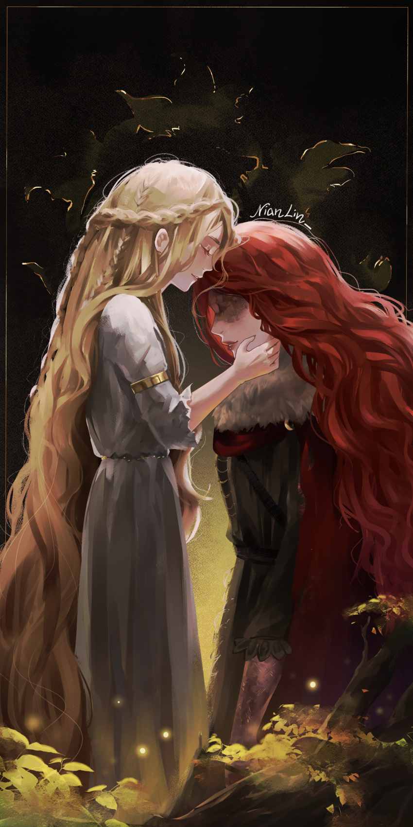 1boy 1girl absurdres armlet black_background blonde_hair braid brother_and_sister brown_dress cloak closed_eyes dress elden_ring fur_collar gold_belt hand_on_another's_cheek hand_on_another's_face highres kiss kissing_forehead kneeling long_hair malenia_blade_of_miquella miquella_(elden_ring) multiple_braids nianlin no_eyes red_cloak redhead robe siblings twins very_long_hair white_robe