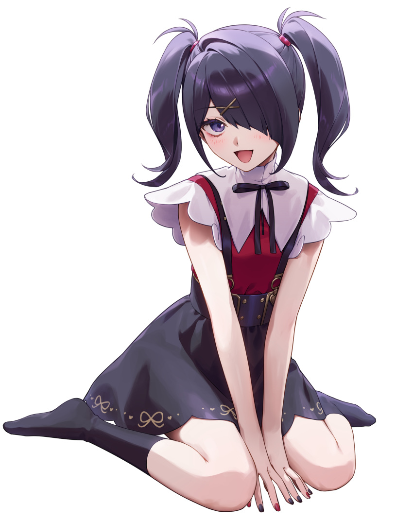 1girl :d absurdres akabino ame-chan_(needy_girl_overdose) between_legs black_hair black_nails black_ribbon black_skirt black_socks blush collar collared_shirt commentary_request full_body hair_ornament hair_over_one_eye hair_tie hairclip hand_between_legs heart highres looking_at_viewer multicolored_nails neck_ribbon needy_girl_overdose open_mouth red_nails red_shirt ribbon shirt shirt_tucked_in sitting skirt smile socks solo suspender_skirt suspenders twintails violet_eyes wariza white_collar x_hair_ornament