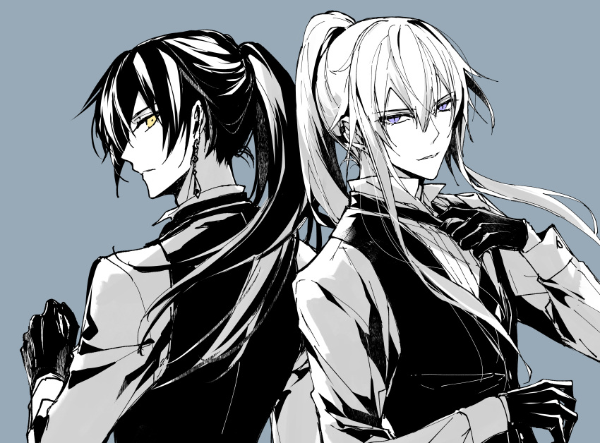 2boys absurdres blue_background collared_shirt commentary_request earrings faust_(mochizuki_shiina) gloves hair_between_eyes hand_up highres jewelry long_hair long_sleeves lucas_(mochizuki_shiina) male_focus mochizuki_shiina monochrome multiple_boys original ponytail shirt simple_background upper_body vest violet_eyes yellow_eyes