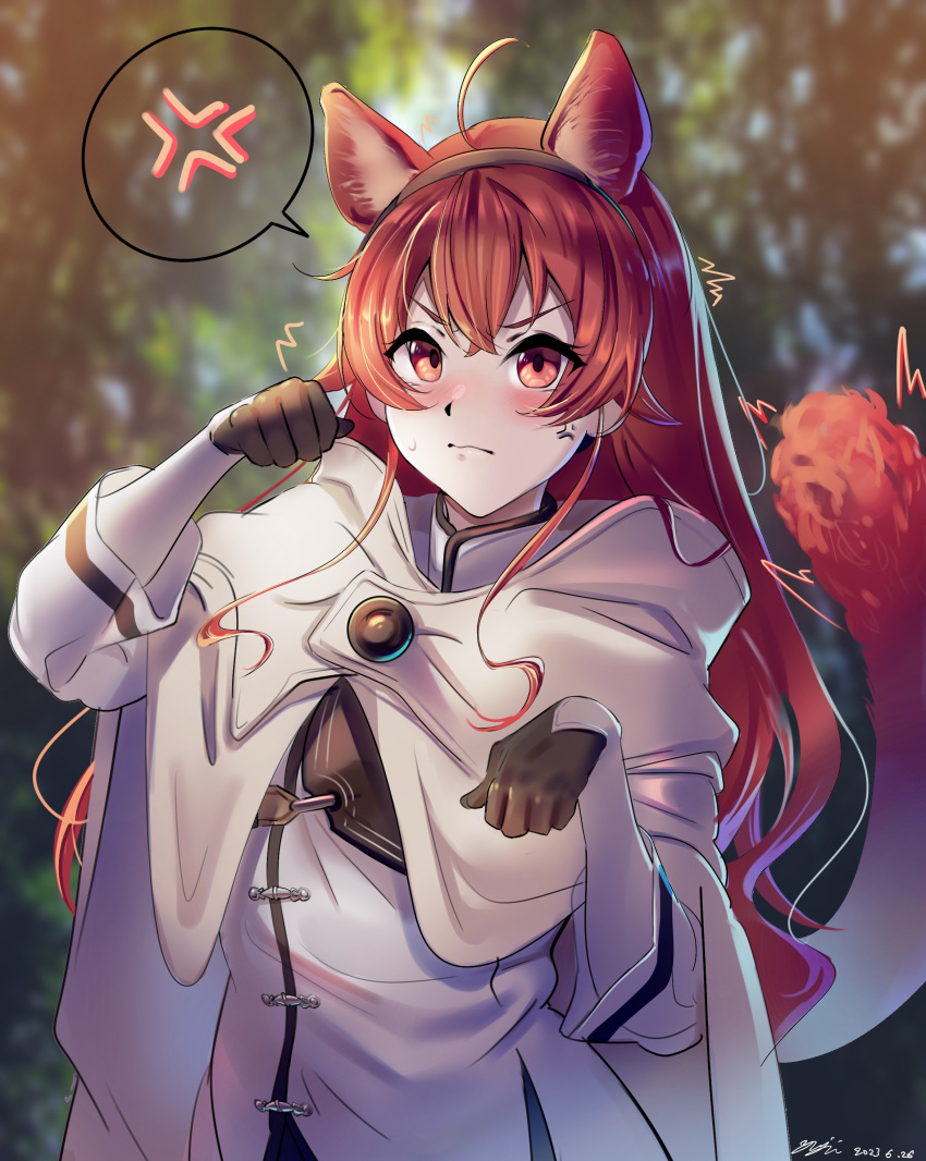 1girl absurdres ahoge anger_vein animal_ears black_hairband blurry blurry_background blush brown_gloves cape closed_mouth crossed_bangs dated eris_greyrat forest gloves hairband hands_up highres kemonomimi_mode long_hair long_sleeves mushoku_tensei nature outdoors paw_pose red_eyes redhead shirt signature solo spoken_anger_vein sweatdrop tail white_cape white_shirt yujin_(kanouyuuto-0423)