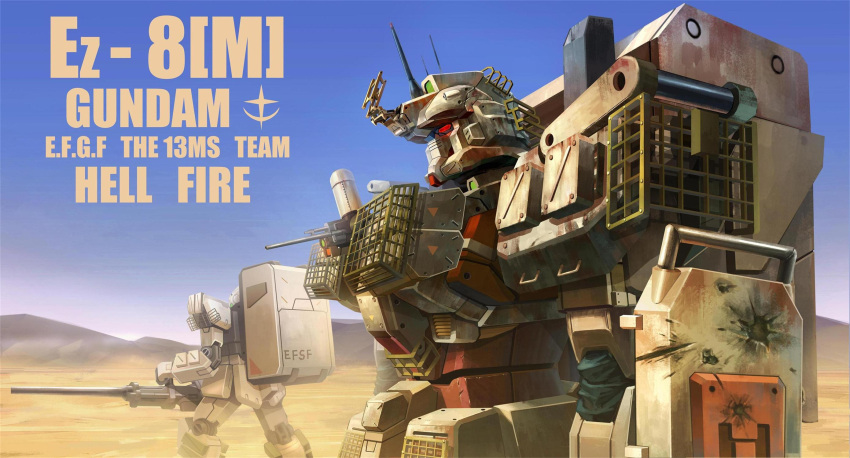 arm_shield arms_at_sides blue_sky bullet_hole character_name clear_sky day desert earth_federation gun gundam gundam_08th_ms_team gundam_ez8 highres holding holding_gun holding_weapon looking_ahead mecha mobile_suit mountainous_horizon no_humans original outdoors radio_antenna red_eyes redesign robot science_fiction sky solo_focus standing tiewan weapon