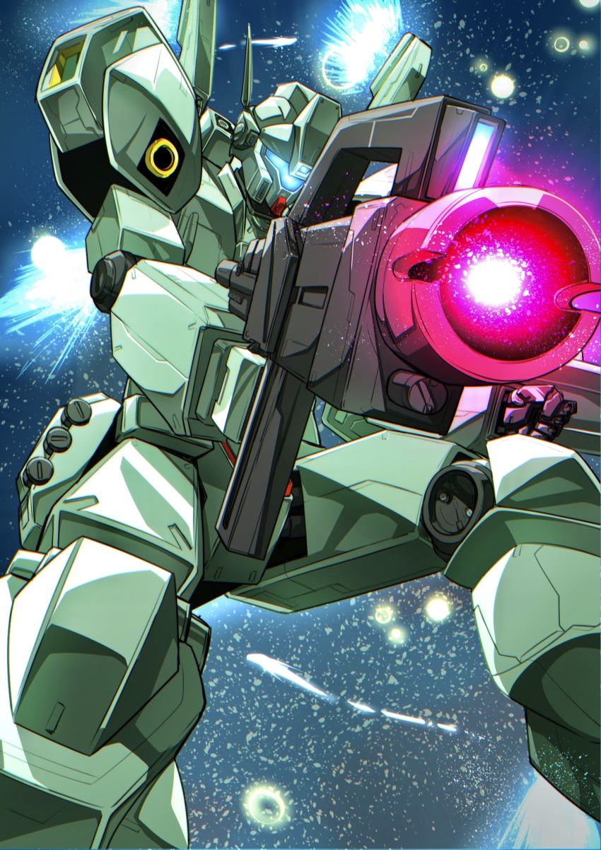 adama0s0284 aiming arm_shield assault_visor beam_rifle char's_counterattack commentary energy_gun exhaust explosion foreshortening gun gundam highres holding holding_gun holding_weapon jegan mecha missile_pod mobile_suit no_humans robot science_fiction solo space star_(sky) weapon
